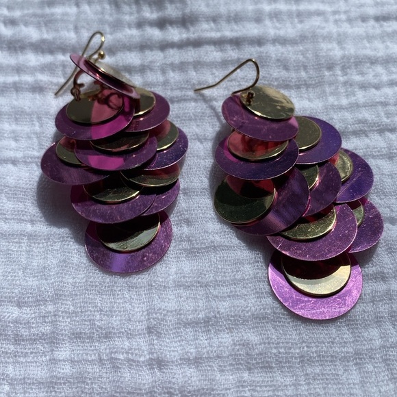 Purple Gold sequin paillette chandelier earrings‎ dangle 3 inch long lightweight - Picture 6 of 8